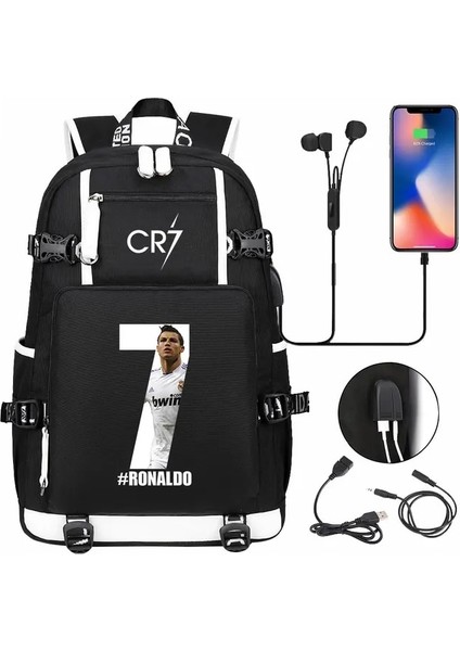 Resim Renkli Futbol Cr7 USB Şarj Sırt Çantası Ronaldo Okul Çantası Gençler Öğrenciler Için Seyahat Dizüstü Laptop Çantaları (Yurt Dışından)