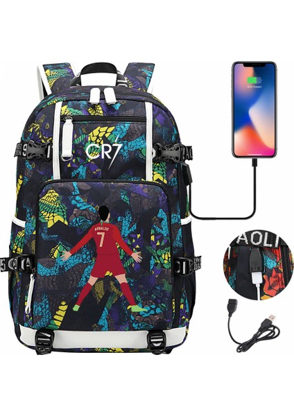 Resim Renkli Futbol Cr7 USB Şarj Sırt Çantası Ronaldo Okul Çantası Gençler Öğrenciler Için Seyahat Dizüstü Laptop Çantaları (Yurt Dışından) fiyatları