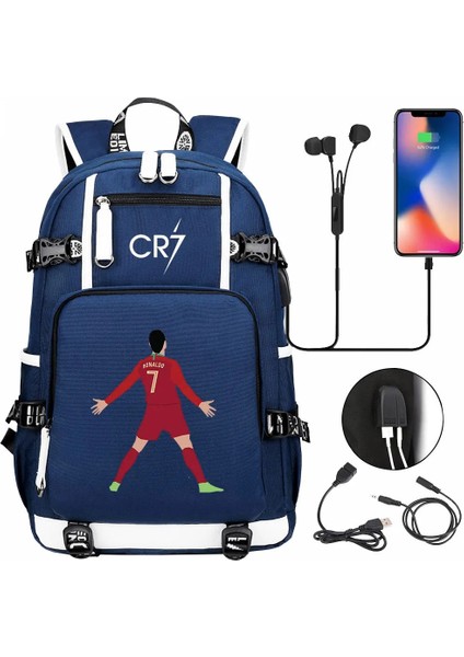 Resim Renkli Futbol Cr7 USB Şarj Sırt Çantası Ronaldo Okul Çantası Gençler Öğrenciler Için Seyahat Dizüstü Laptop Çantaları (Yurt Dışından) fırsatları