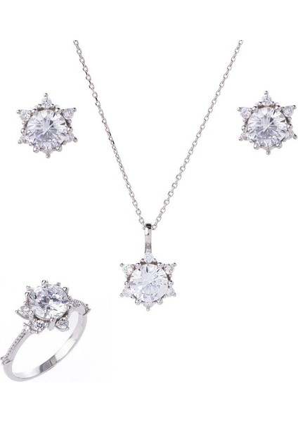 7 mm Zirkon Taşlı Lotus-Çiçek Model 925 Ayar Gümüş Üçlü Kadın Takı Seti