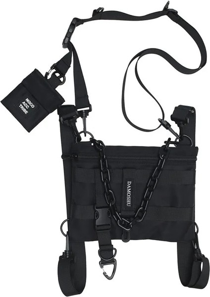 Yeşil Techwear Taktik Mini Sırt Çantası Plastik Zincir ile Erkek Kadın Harajuku Hip Hop Crossbody Çanta Rahat Fonksiyonel Bel Göğüs Çantası (Yurt Dışından)