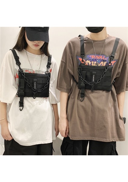 Yeşil Techwear Taktik Mini Sırt Çantası Plastik Zincir ile Erkek Kadın Harajuku Hip Hop Crossbody Çanta Rahat Fonksiyonel Bel Göğüs Çantası (Yurt Dışından)