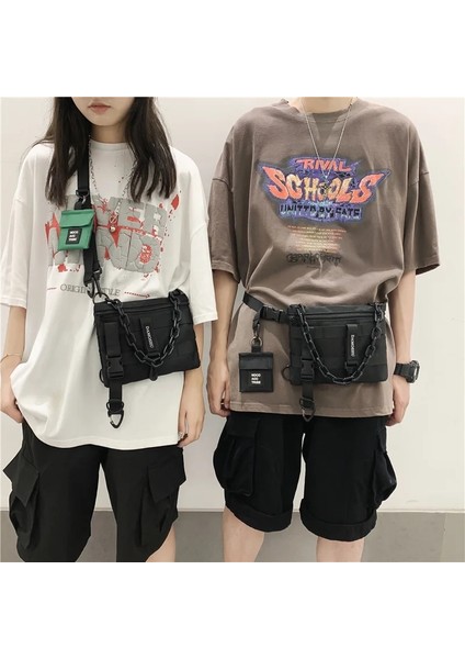 Yeşil Techwear Taktik Mini Sırt Çantası Plastik Zincir ile Erkek Kadın Harajuku Hip Hop Crossbody Çanta Rahat Fonksiyonel Bel Göğüs Çantası (Yurt Dışından)