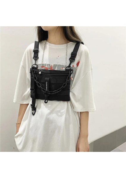 Yeşil Techwear Taktik Mini Sırt Çantası Plastik Zincir ile Erkek Kadın Harajuku Hip Hop Crossbody Çanta Rahat Fonksiyonel Bel Göğüs Çantası (Yurt Dışından)
