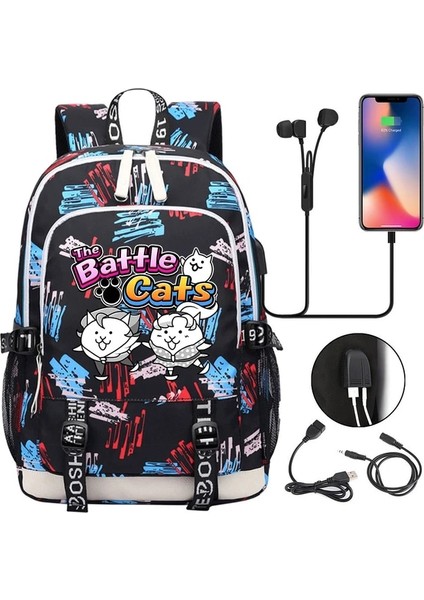 011 Sevimli Savaş Kediler Okul Sırt Çantası Öğrenci USB Şarj Laptop Çantaları Erkek Kız Günlük Seyahat Sırt Çantaları Genç Koleji Mochila (Yurt Dışından)