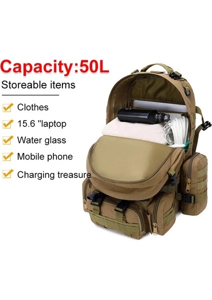 Stil 7 50L Taktik Sırt Çantası 4 In 1 Askeri Ordu Molle Sırt Çantası Spor Çantası Su Geçirmez Açık Yürüyüş Kamp Seyahat 3D Sırt Çantası Mochila (Yurt Dışından)
