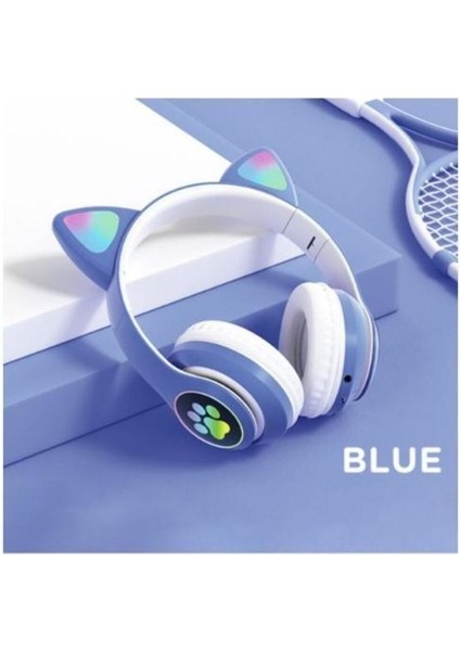 Işıklı Mavi Vilya Kedi Kulağı Detaylı Kablosuz Çocuk Kulaklığı Bluetooth 5.0