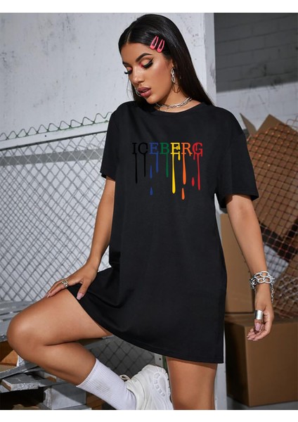 Unisex Siyah Oversize Iceberg Boyfriend T-Shirt