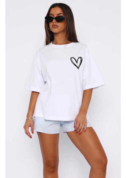 Unisex Beyaz Oversize Kalp Boyfriend T-Shirt