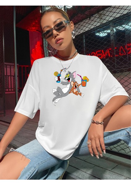 Unisex Beyaz Oversize Mickey & Mouse Boyfriend T-Shirt