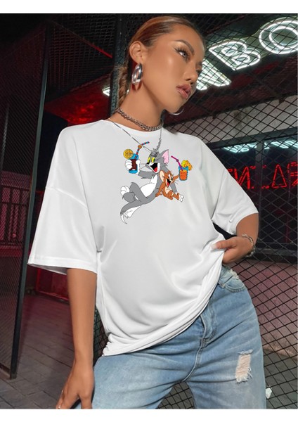 Unisex Beyaz Oversize Mickey & Mouse Boyfriend T-Shirt