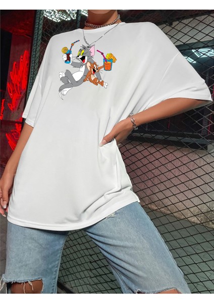 Unisex Beyaz Oversize Mickey & Mouse Boyfriend T-Shirt