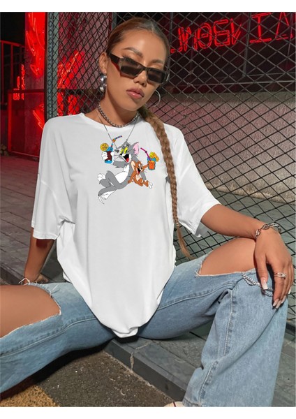 Unisex Beyaz Oversize Mickey & Mouse Boyfriend T-Shirt