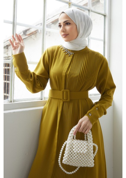 Piliseli Kemerli Elbise - Yağ Yeşili fiyatları