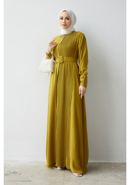 Piliseli Kemerli Elbise - Yağ Yeşili modelleri