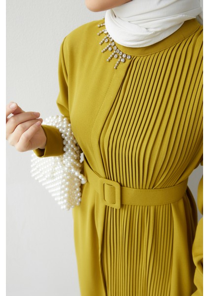 Piliseli Kemerli Elbise - Yağ Yeşili fırsatları