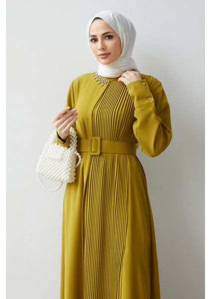 Piliseli Kemerli Elbise - Yağ Yeşili indirimleri