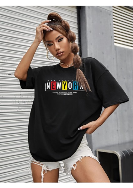 Unisex Siyah Oversize New York Cıty Boyfriend T-Shirt