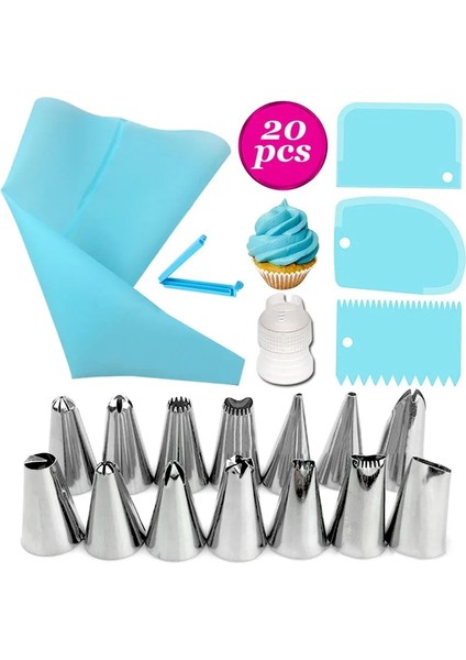 20 Adet Mavi Stil Et Tek Kullanımlık Pasta Torbası Silikon G Torbası Fincan Kek Buzlanma Gıda Kek Araçları Pasta 14 Nozul Seti Bakeware (Yurt Dışından)