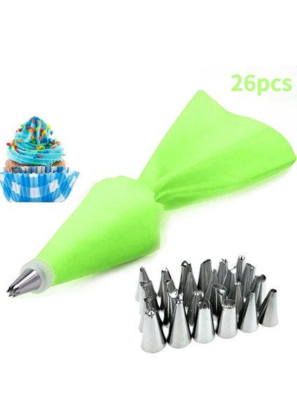 26 Adet-Yeşil Stil Set Silikon Pasta Torbası Ipuçları Mutfak Dıy Kek Krem Dekorasyon Araçları Yeniden Kullanılabilir Pasta Çantaları + 24 Nozul Seti Reçine Kalıp (Yurt Dışından)