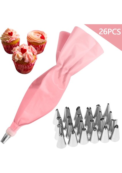 26 Adet Pembe Stil Silikon Pasta Torbası Ipuçları Mutfak Dıy Kek Buzlanma G Krem Süsleme Aracı Yeniden Kullanılabilir Pasta Torbası + Paslanmaz Meme (Yurt Dışından)