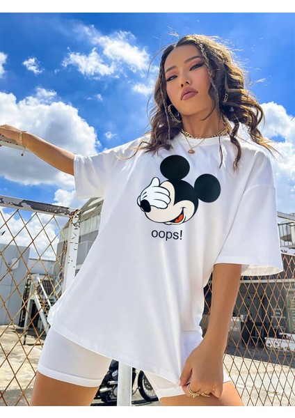 Unisex Beyaz Oversize Oops! Mouse Boyfriend T-Shirt