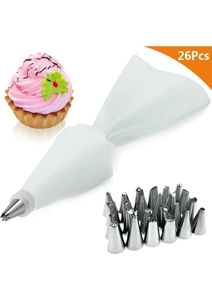 26 Adet Beyaz Stil Et Silikon Pasta Torbası Ipuçları Mutfak Dıy Kek Buzlanma G Kremalı Kek Dekorasyon Araçları Yeniden Kullanılabilir Pasta Torbaları + 24 Nozul (Yurt Dışından)