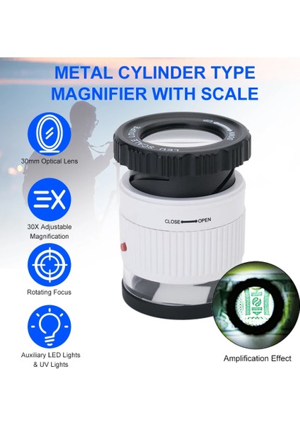 Siyah Stil 30X Silindirik Ölçekli Büyüteç Ayarlanabilir Optik Cam Büyüteç Odak Takı Büyüteç LED Uv Işık Büyüteç Lupe (Yurt Dışından)