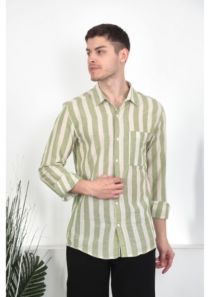 Erkek Çizgili Keten Gömlek Xxl