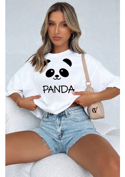 Unisex Beyaz Oversize Tatlı Panda Boyfriend T-Shirt