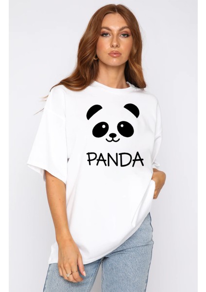 Unisex Beyaz Oversize Tatlı Panda Boyfriend T-Shirt