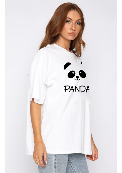 Unisex Beyaz Oversize Tatlı Panda Boyfriend T-Shirt