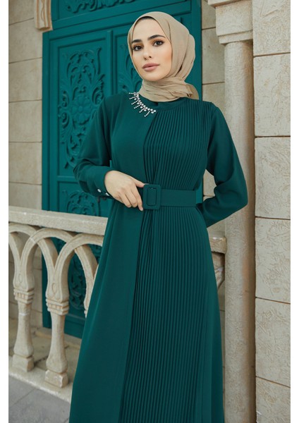 Piliseli Kemerli Elbise - Zümrüt modelleri