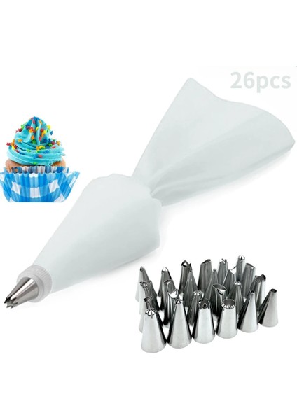 26 Adet-Beyaz Stil Set Silikon Pasta Torbası Ipuçları Mutfak Dıy Kek Krem Dekorasyon Araçları Yeniden Kullanılabilir Pasta Çantaları + 24 Nozul Seti Reçine Kalıp (Yurt Dışından)