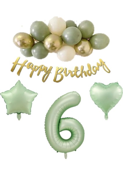 6 Yaş Happy Bırthday Yazılı Banner Su Yeşili Renk Rakam Kalp Yıldız Folyo ve Latex Balon Seti