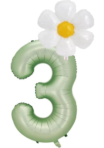 3 Yaş Su Yeşili Renk Rakam ve Papatya Folyo Balon Seti