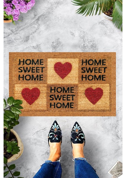Dijital Baskılı Home Sweet Home Yazılı Kalp Figürlü Dekoratif Kapı Önü Paspası