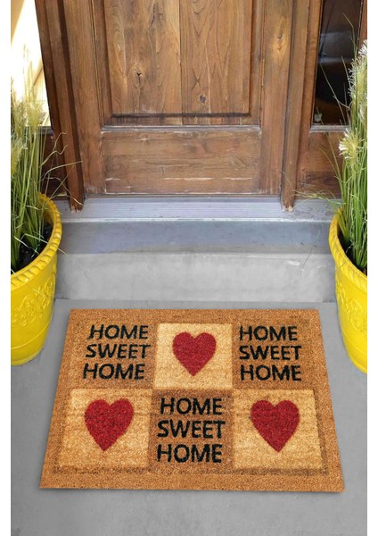Dijital Baskılı Home Sweet Home Yazılı Kalp Figürlü Dekoratif Kapı Önü Paspası