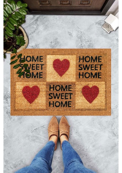 Dijital Baskılı Home Sweet Home Yazılı Kalp Figürlü Dekoratif Kapı Önü Paspası
