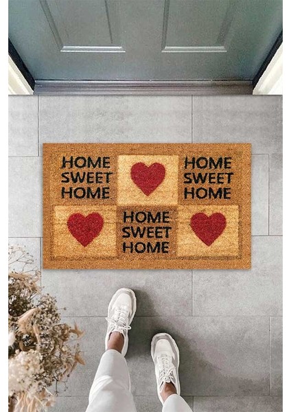 Dijital Baskılı Home Sweet Home Yazılı Kalp Figürlü Dekoratif Kapı Önü Paspası