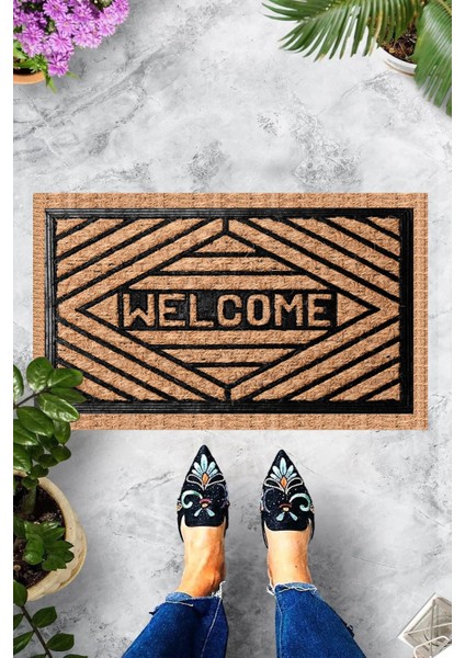 Dijital Baskılı Welcome Yazılı Geometrik Çerçeveli Dekoratif Kapı Önü Paspası