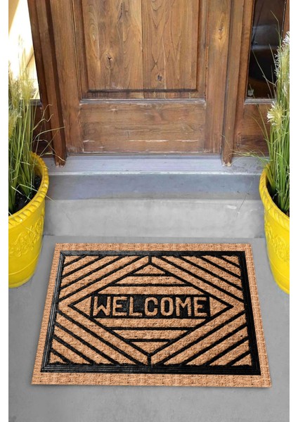Dijital Baskılı Welcome Yazılı Geometrik Çerçeveli Dekoratif Kapı Önü Paspası