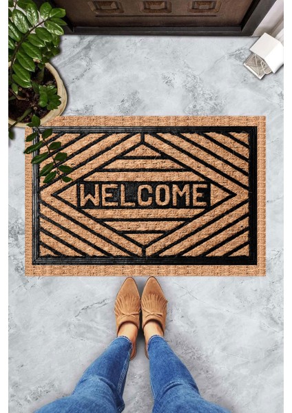 Dijital Baskılı Welcome Yazılı Geometrik Çerçeveli Dekoratif Kapı Önü Paspası