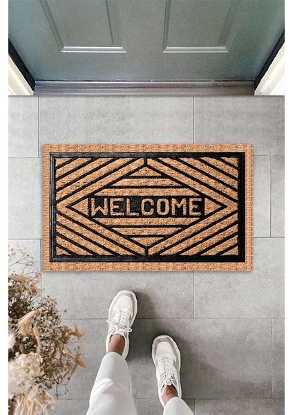 Dijital Baskılı Welcome Yazılı Geometrik Çerçeveli Dekoratif Kapı Önü Paspası