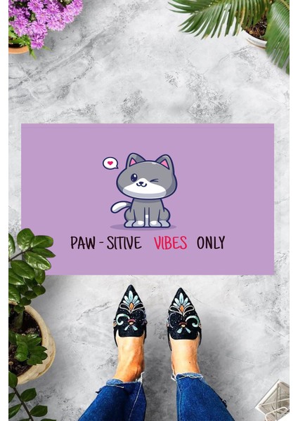 Dijital Baskılı Paw-Sitive Vibes Only Yazılı Dekoratif Kapı Önü Paspası