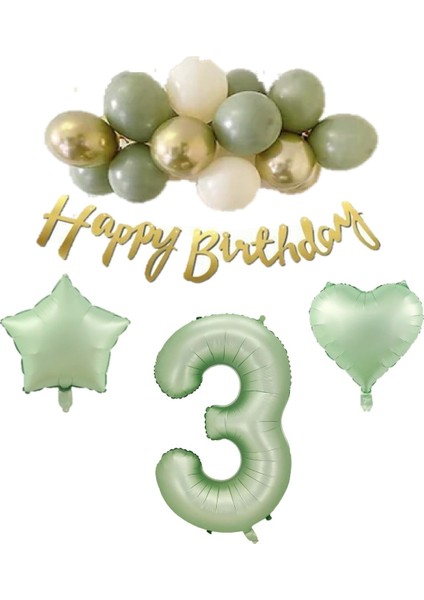 3 Yaş Happy Bırthday Yazılı Banner Su Yeşili Renk Rakam Kalp Yıldız Folyo ve Latex Balon Seti