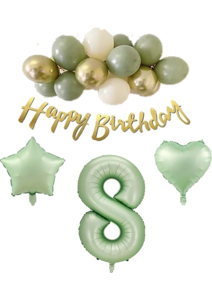 8 Yaş Happy Bırthday Yazılı Banner Su Yeşili Renk Rakam Kalp Yıldız Folyo ve Latex Balon Seti