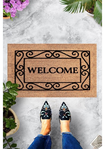 Dijital Baskılı Welcome Yazılı Siyah Çerçeveli Dekoratif Kapı Önü Paspası