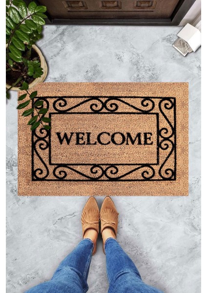 Dijital Baskılı Welcome Yazılı Siyah Çerçeveli Dekoratif Kapı Önü Paspası