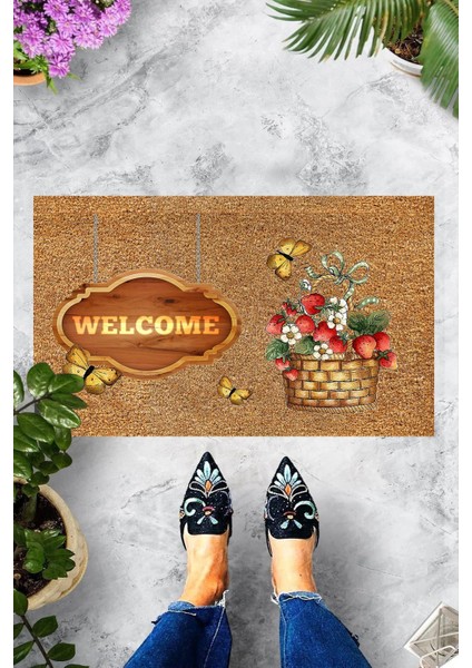 Dijital Baskılı Welcome Yazılı Çiçek Sepeti Desenli Dekoratif Kapı Önü Paspası